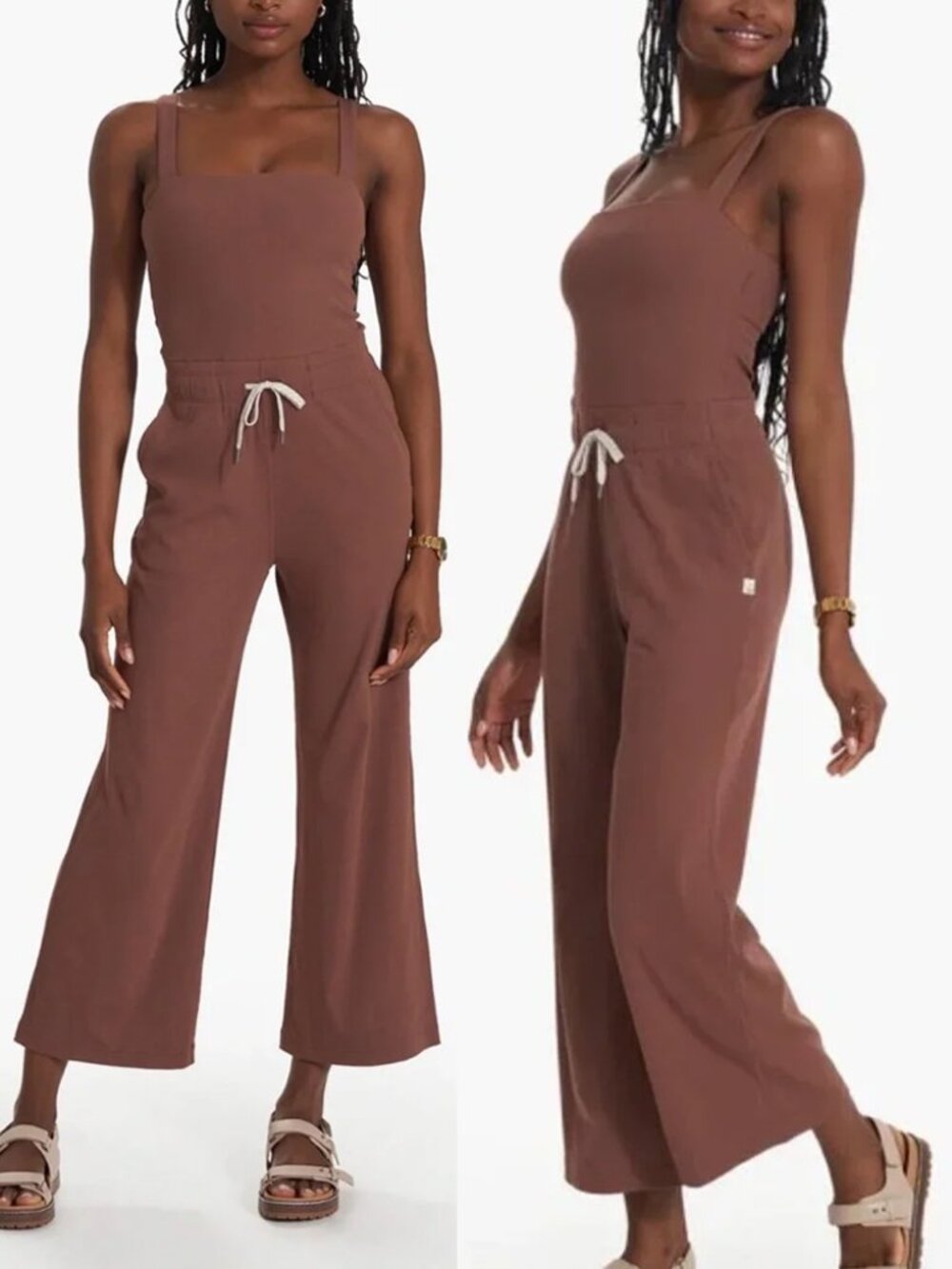 Vuori Pose Jumpsuit in Hazelnut Brown M Wide Leg Built in Bra Square Neck $128
